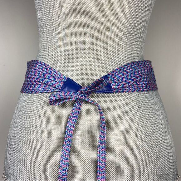Long bright pink teal blue 80s 90s braided belt. - Picture 2 of 5